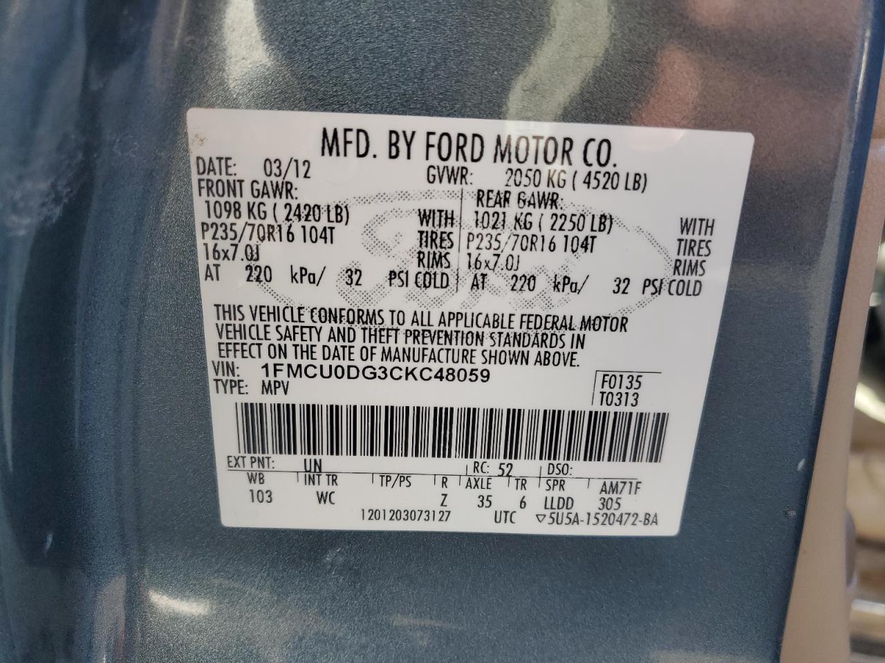 2012 Ford Escape Xlt VIN: 1FMCU0DG3CKC48059 Lot: 74580744