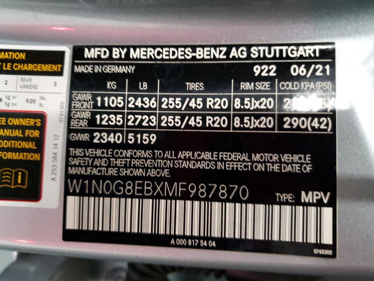 2021 Mercedes-Benz Glc 300 4Matic VIN: W1N0G8EBXMF987870 Lot: 78070624