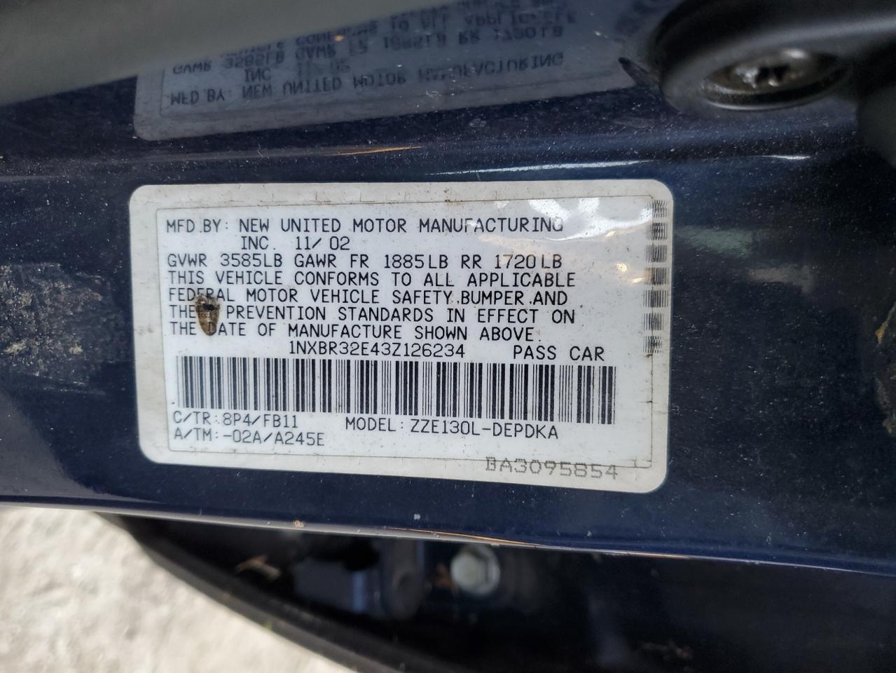 2003 Toyota Corolla Ce VIN: 1NXBR32E43Z126234 Lot: 75511604