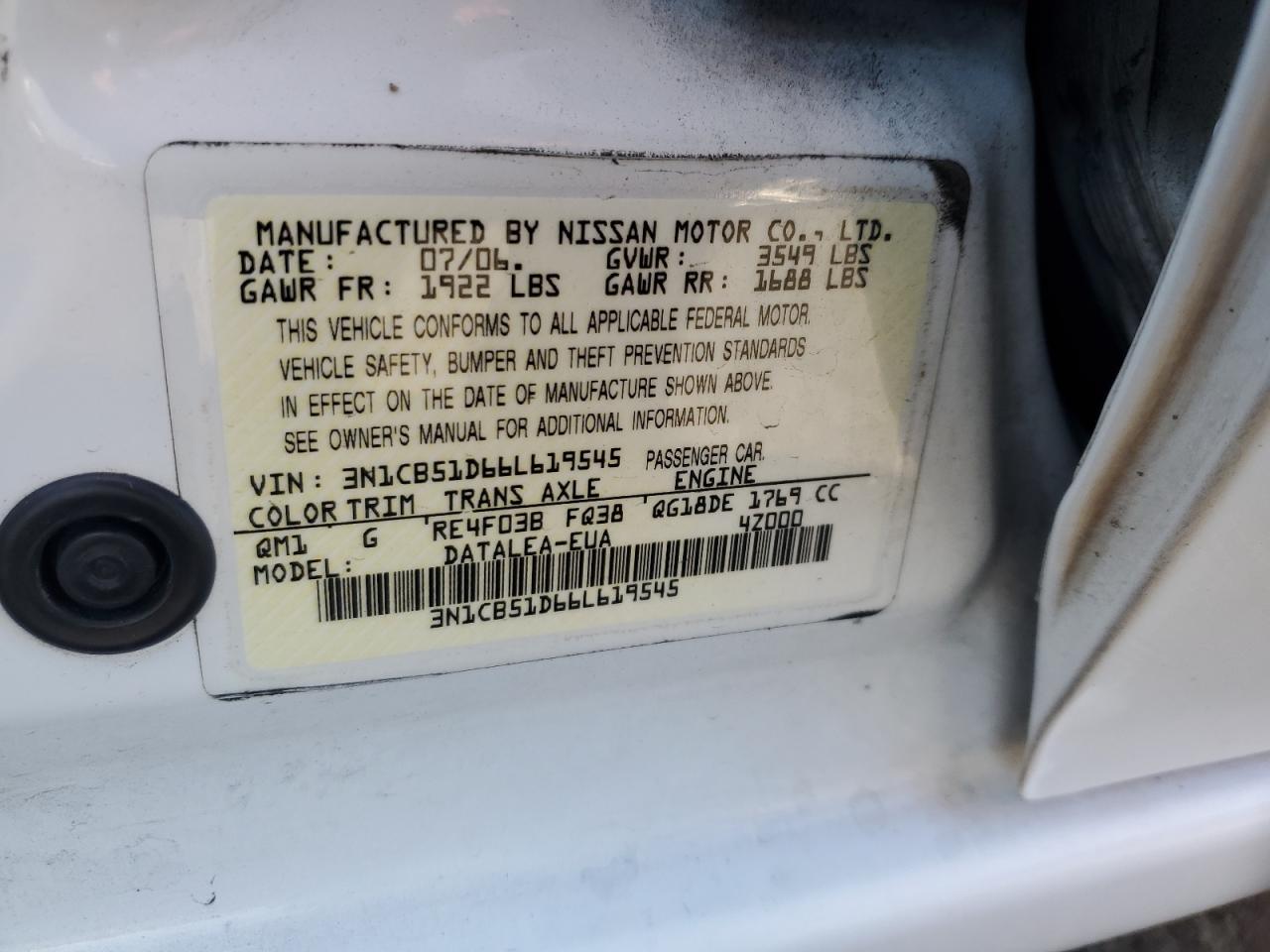 2006 Nissan Sentra 1.8 VIN: 3N1CB51D66L619545 Lot: 78521774