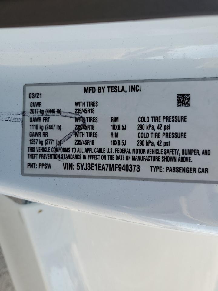 2021 Tesla Model 3 VIN: 5YJ3E1EA7MF940373 Lot: 76626614