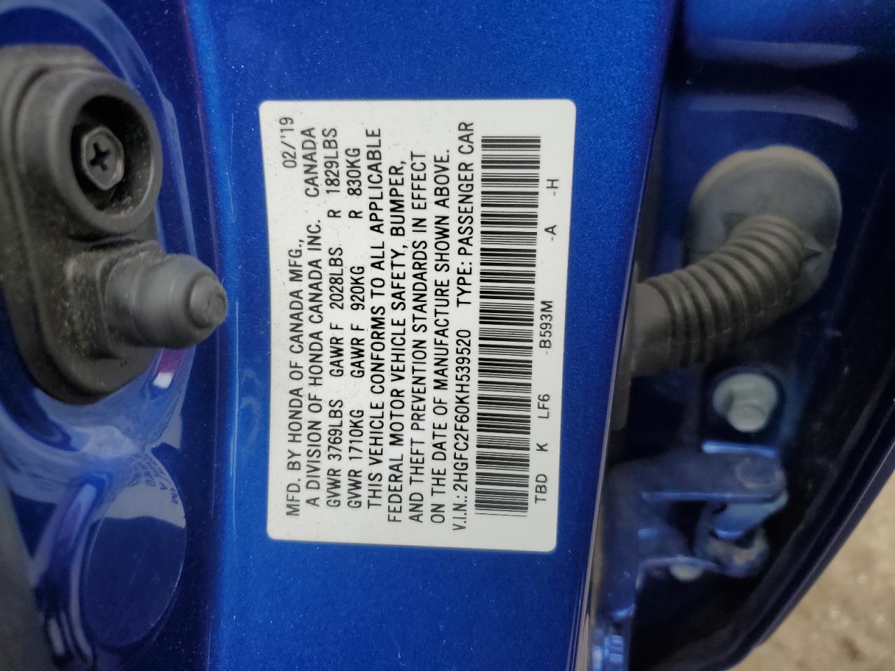 2HGFC2F60KH539520 2019 Honda Civic Lx