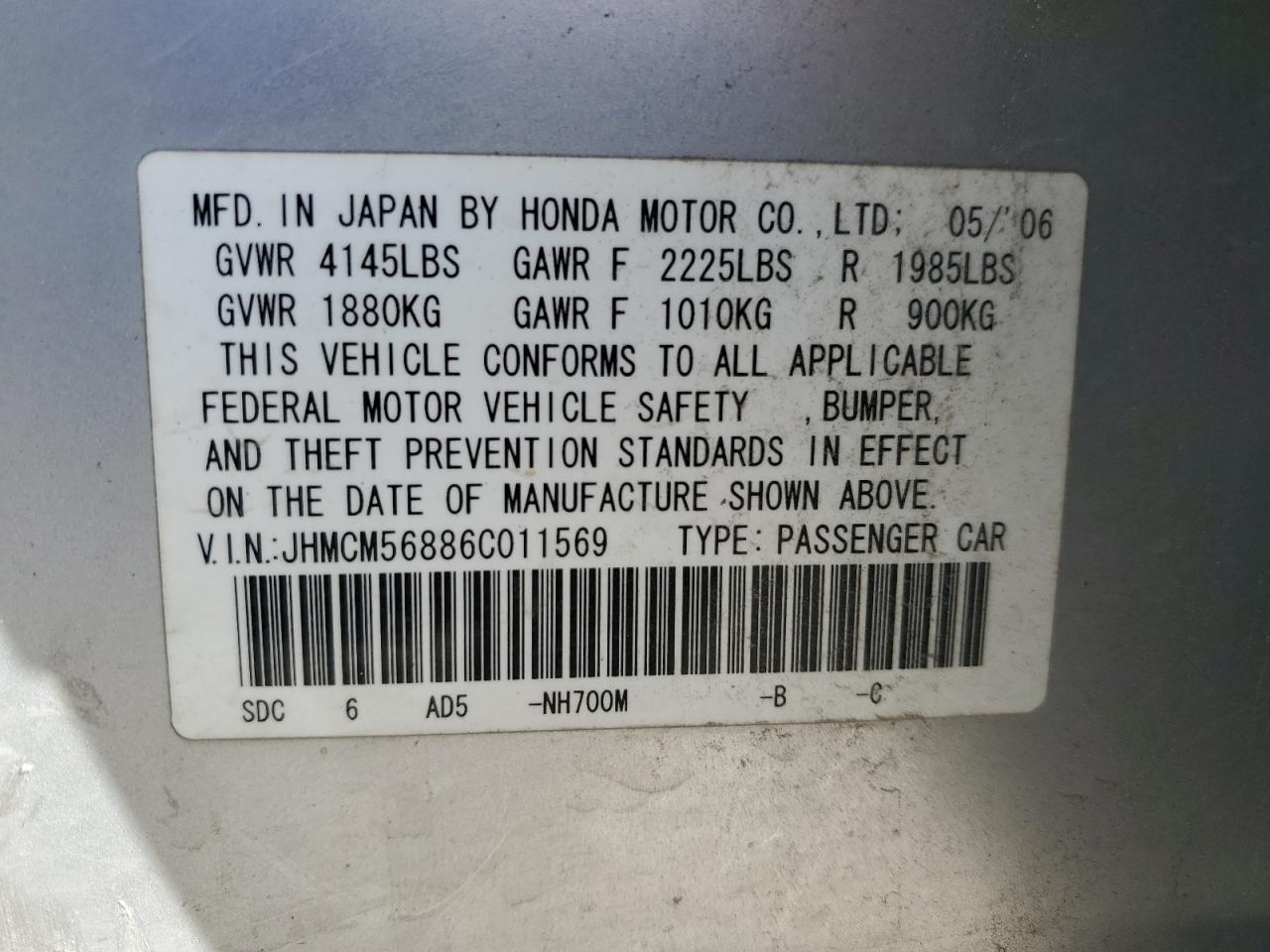 2006 Honda Accord Ex VIN: JHMCM56886C011569 Lot: 77224394