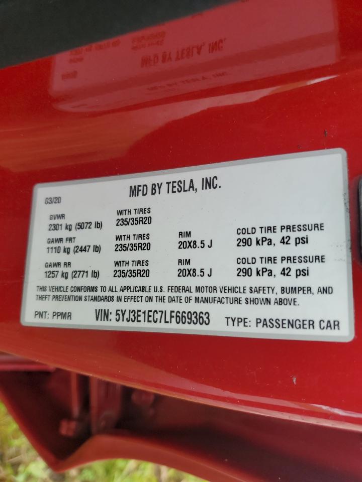 2020 Tesla Model 3 VIN: 5YJ3E1EC7LF669363 Lot: 74174834