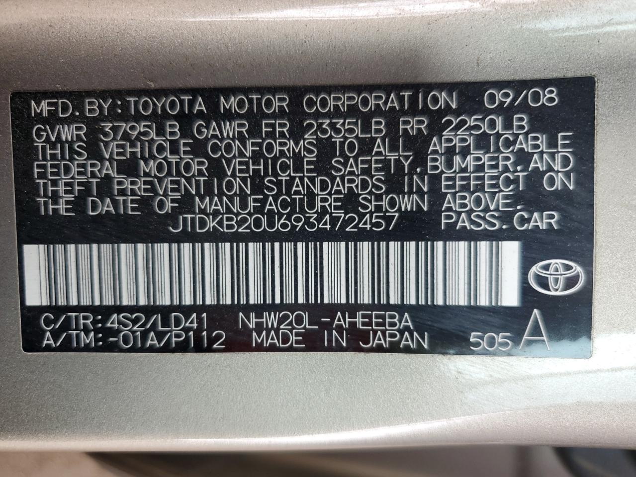 2009 Toyota Prius VIN: JTDKB20U693472457 Lot: 74972754