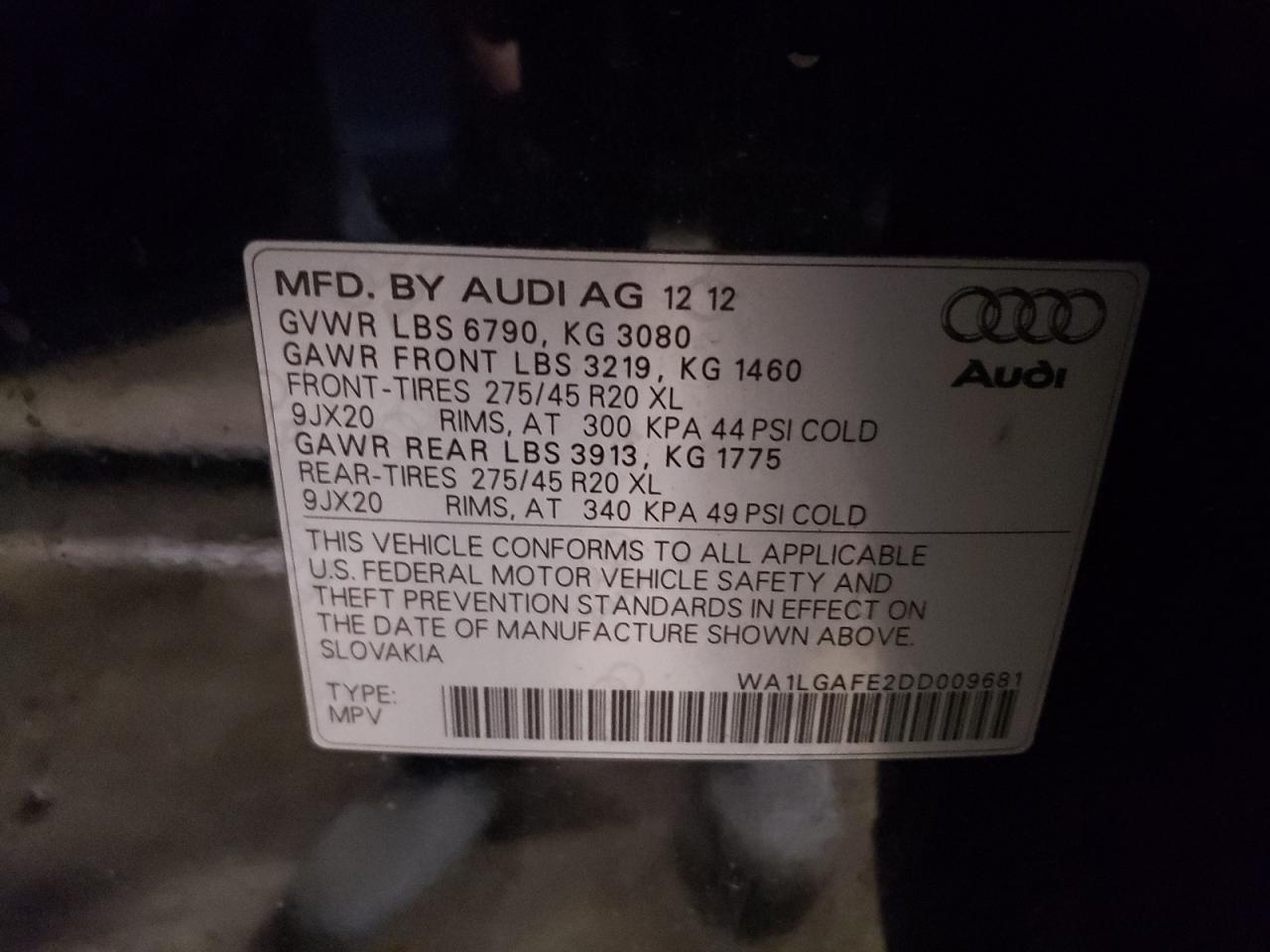 2013 Audi Q7 Premium Plus VIN: WA1LGAFE2DD009681 Lot: 77840904