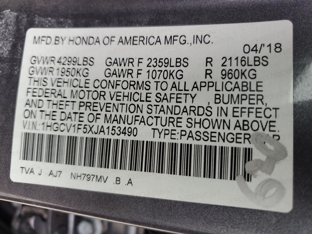 1HGCV1F5XJA153490 2018 Honda Accord Exl