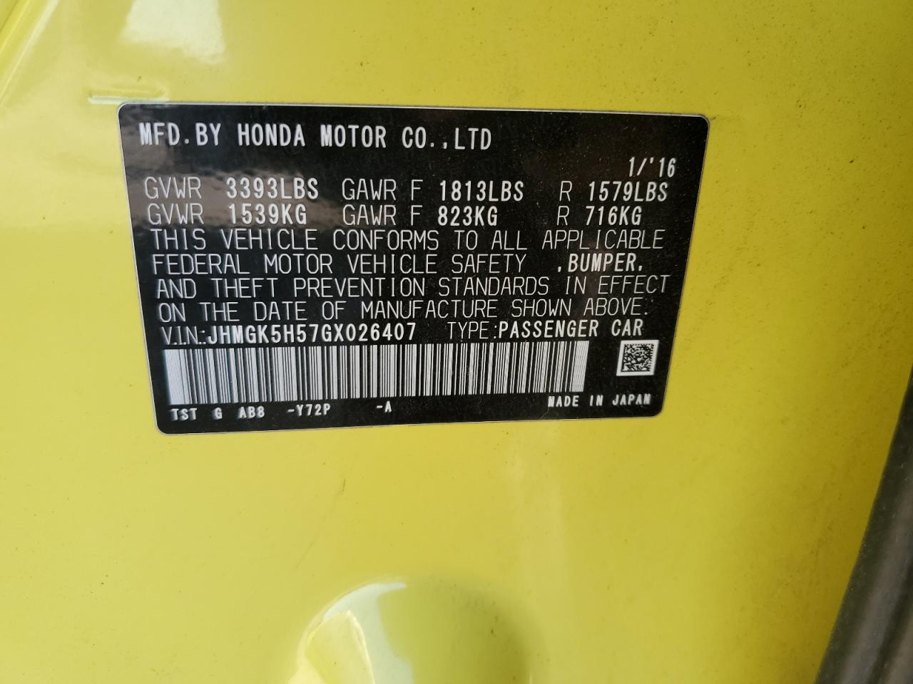 JHMGK5H57GX026407 2016 Honda Fit Lx