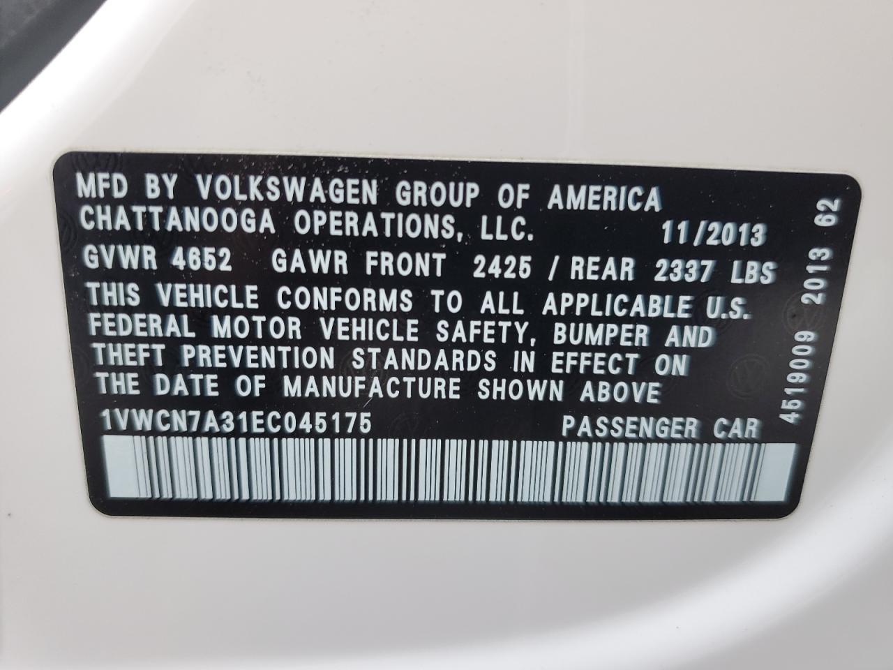 2014 Volkswagen Passat Sel VIN: 1VWCN7A31EC045175 Lot: 75827934