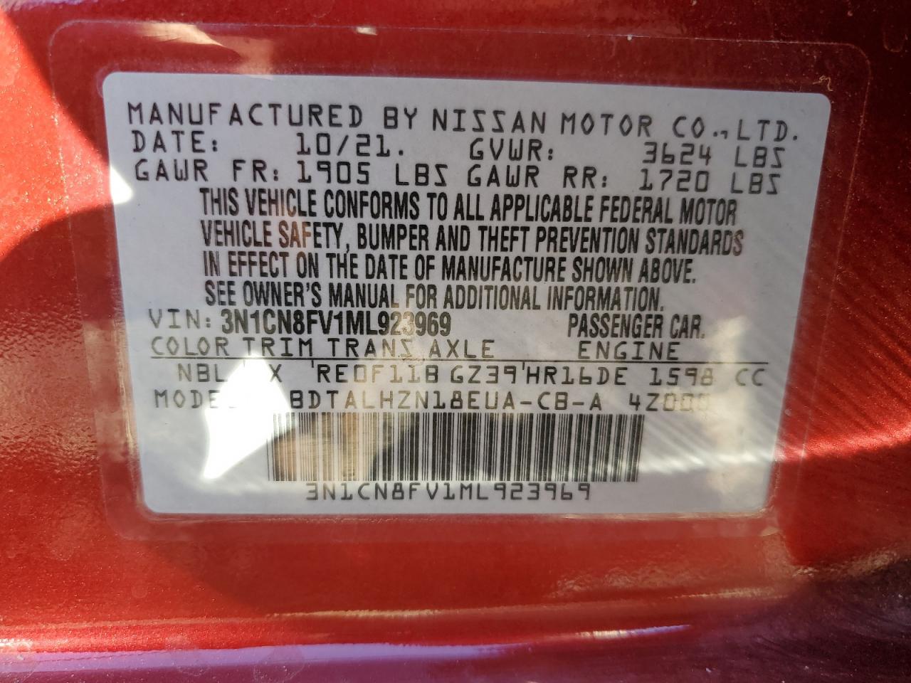 3N1CN8FV1ML923969 2021 Nissan Versa Sr