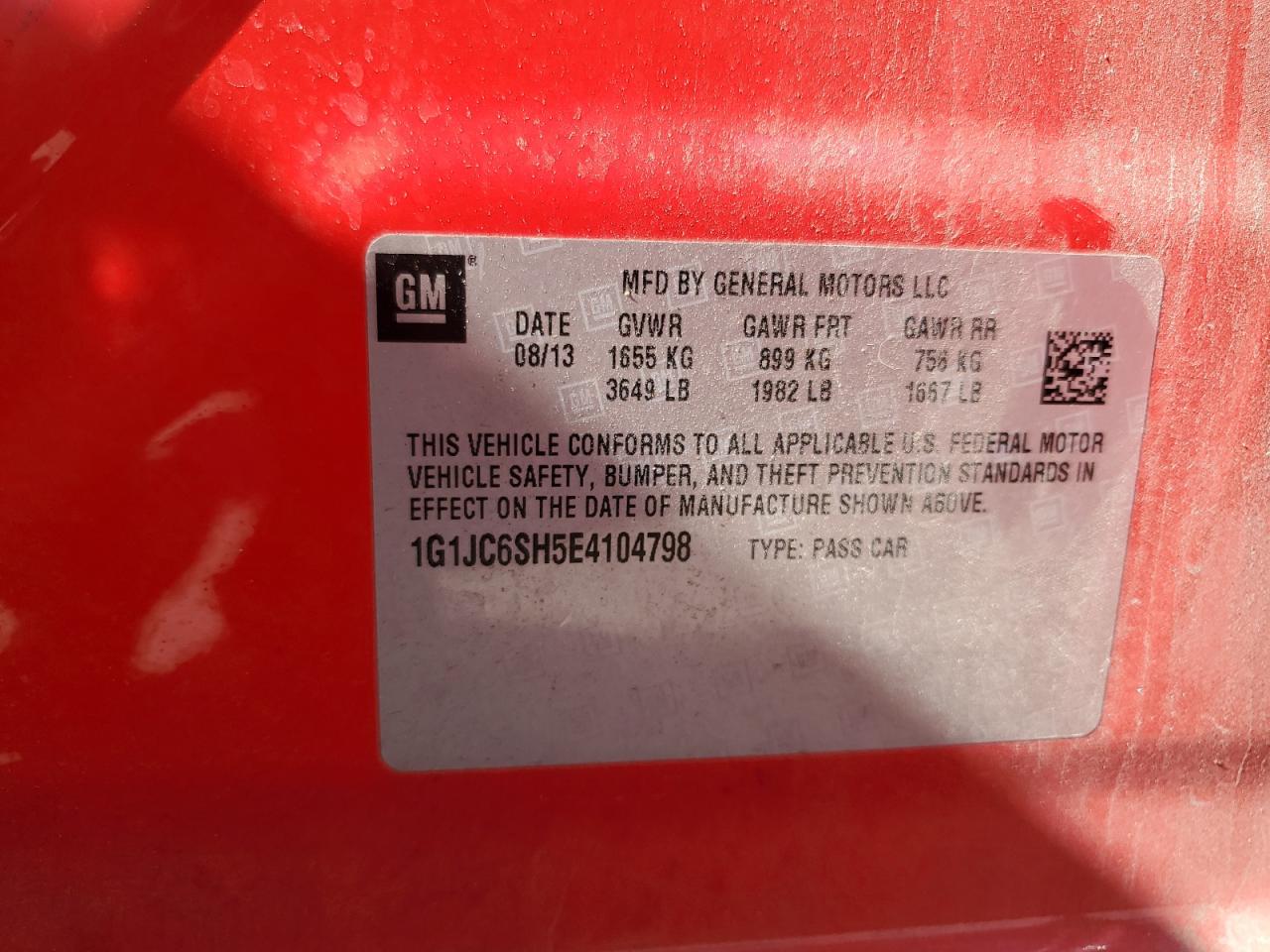 2014 Chevrolet Sonic Lt VIN: 1G1JC6SH5E4104798 Lot: 73186124