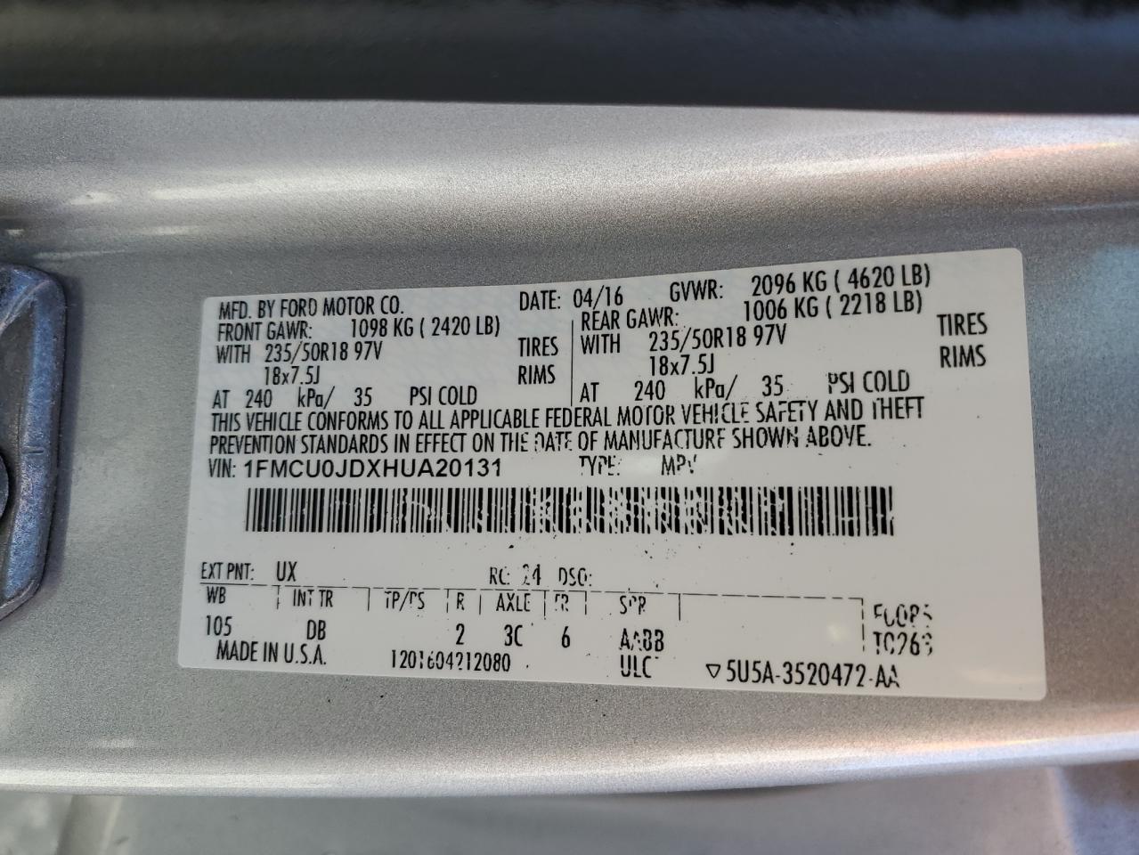 2017 Ford Escape Titanium VIN: 1FMCU0JDXHUA20131 Lot: 75359824