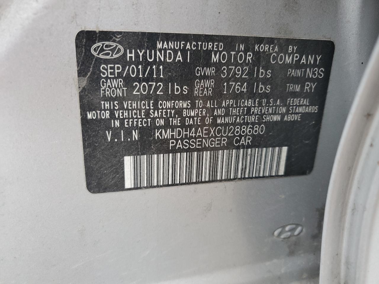 2012 Hyundai Elantra Gls VIN: KMHDH4AEXCU288680 Lot: 78681274