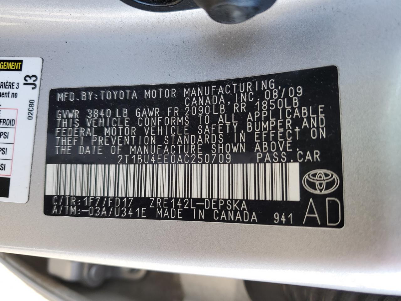 2T1BU4EE0AC250709 2010 Toyota Corolla Base