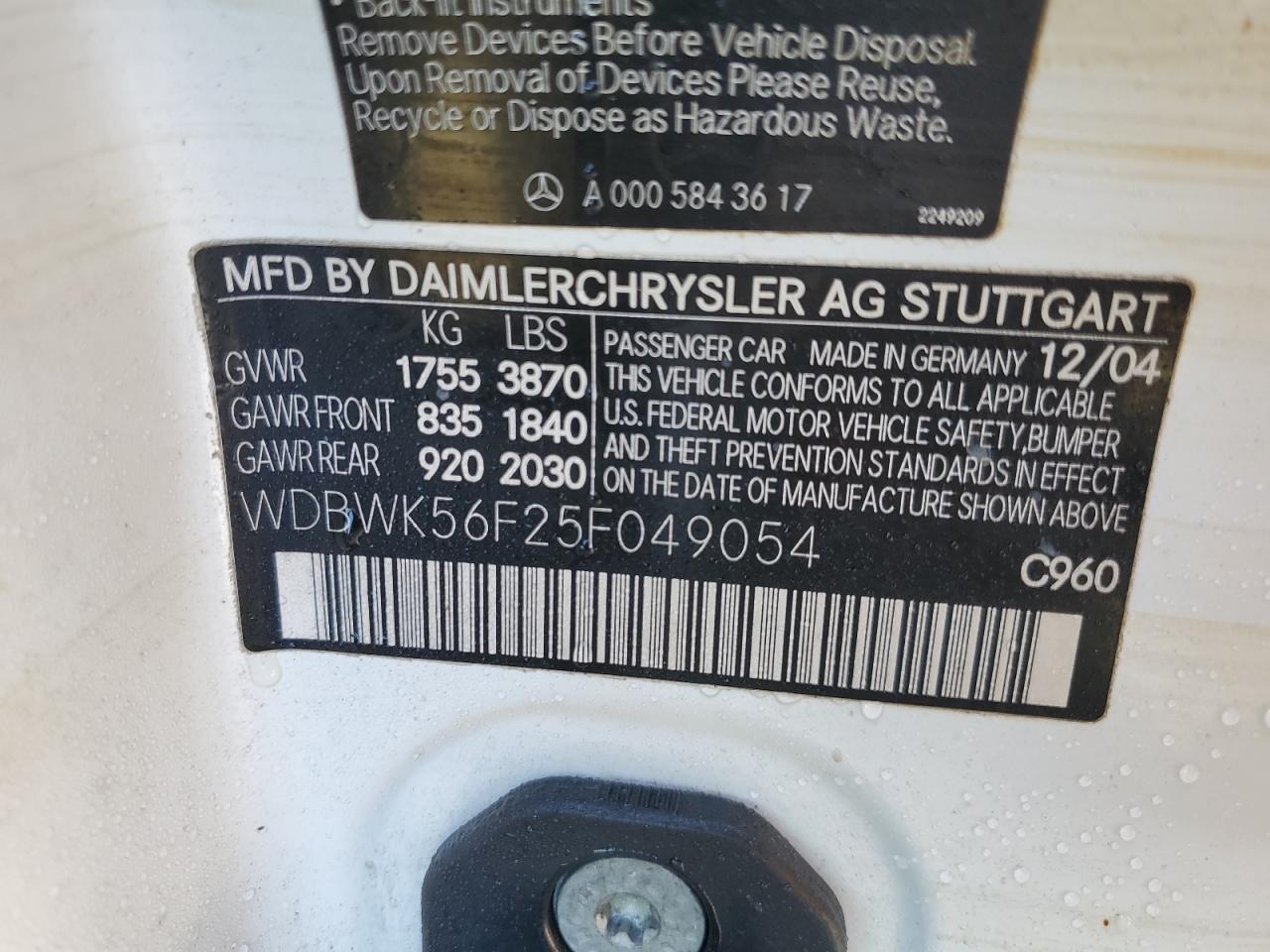 2005 Mercedes-Benz Slk 350 VIN: WDBWK56F25F049054 Lot: 74803384