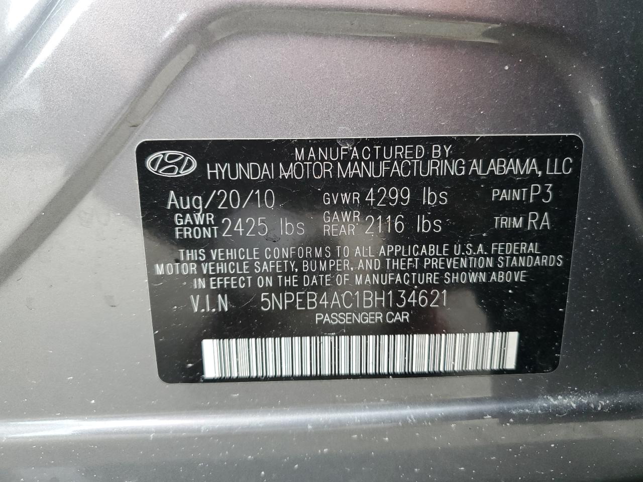 5NPEB4AC1BH134621 2011 Hyundai Sonata Gls