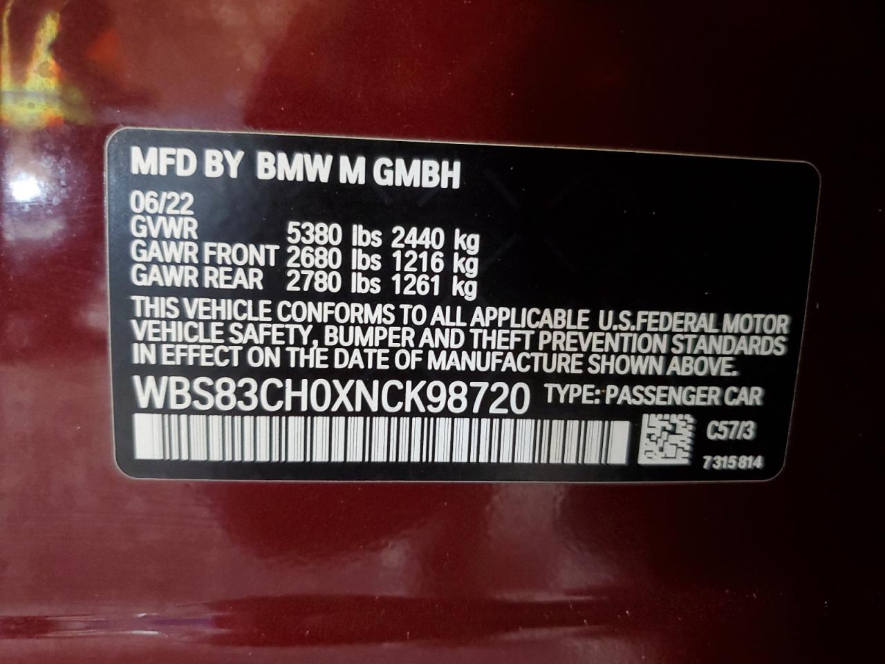 WBS83CH0XNCK98720 2022 BMW M5