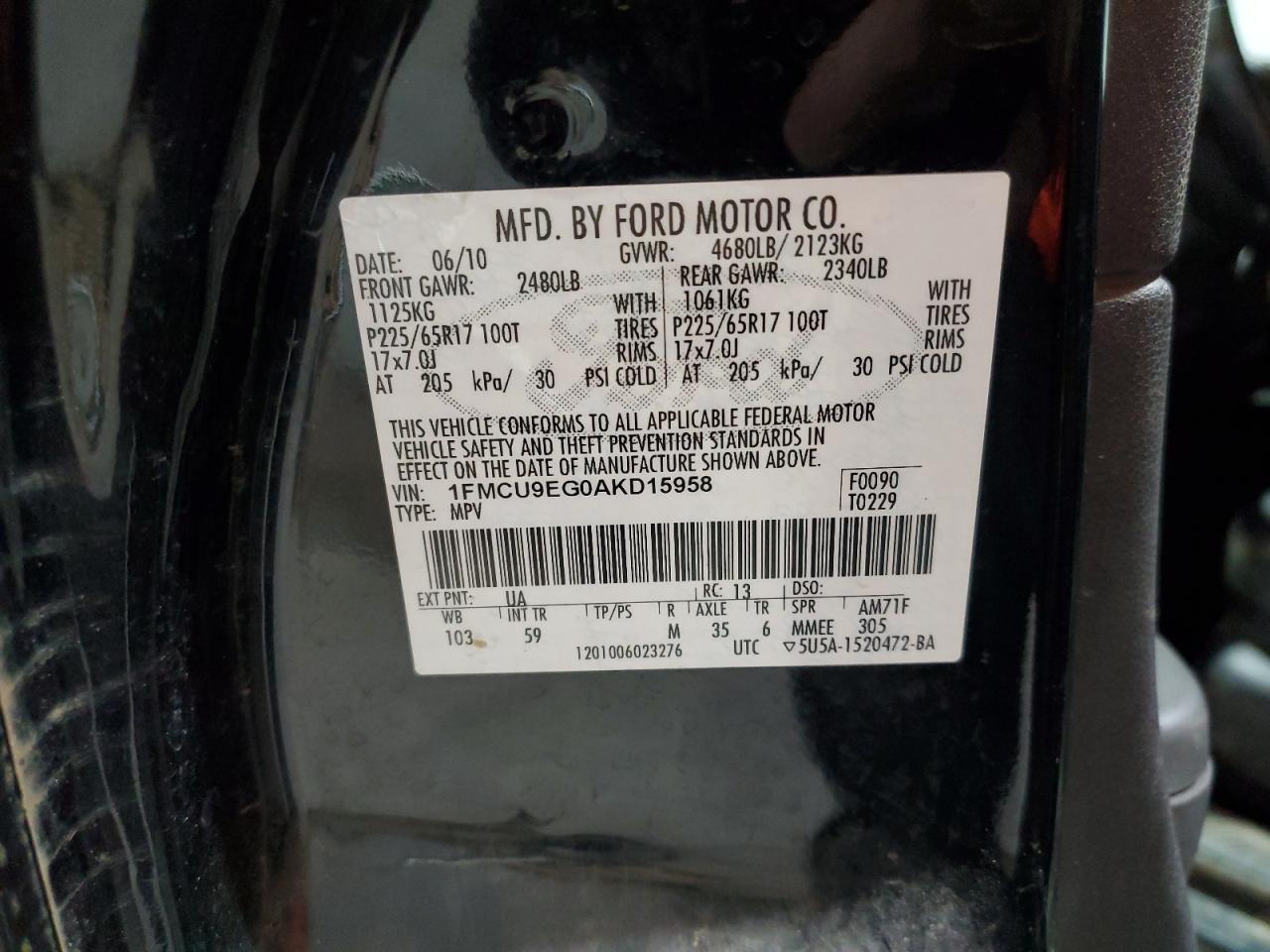 2010 Ford Escape Limited VIN: 1FMCU9EG0AKD15958 Lot: 76901184