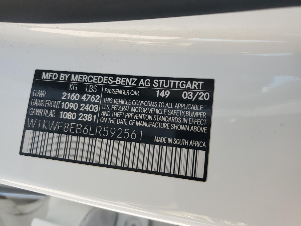 2020 Mercedes-Benz C 300 4Matic VIN: W1KWF8EB6LR592561 Lot: 75366334