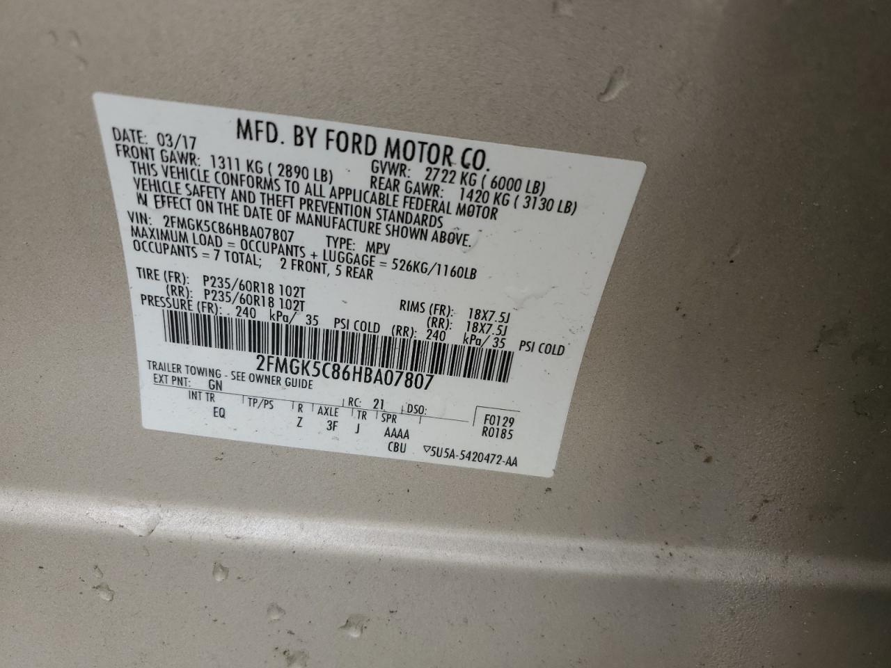 2FMGK5C86HBA07807 2017 Ford Flex Sel