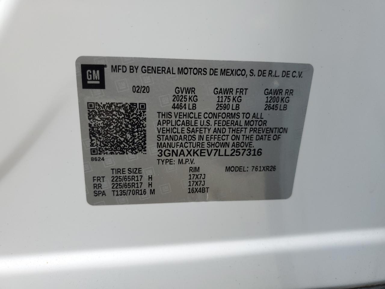 3GNAXKEV7LL257316 2020 Chevrolet Equinox Lt