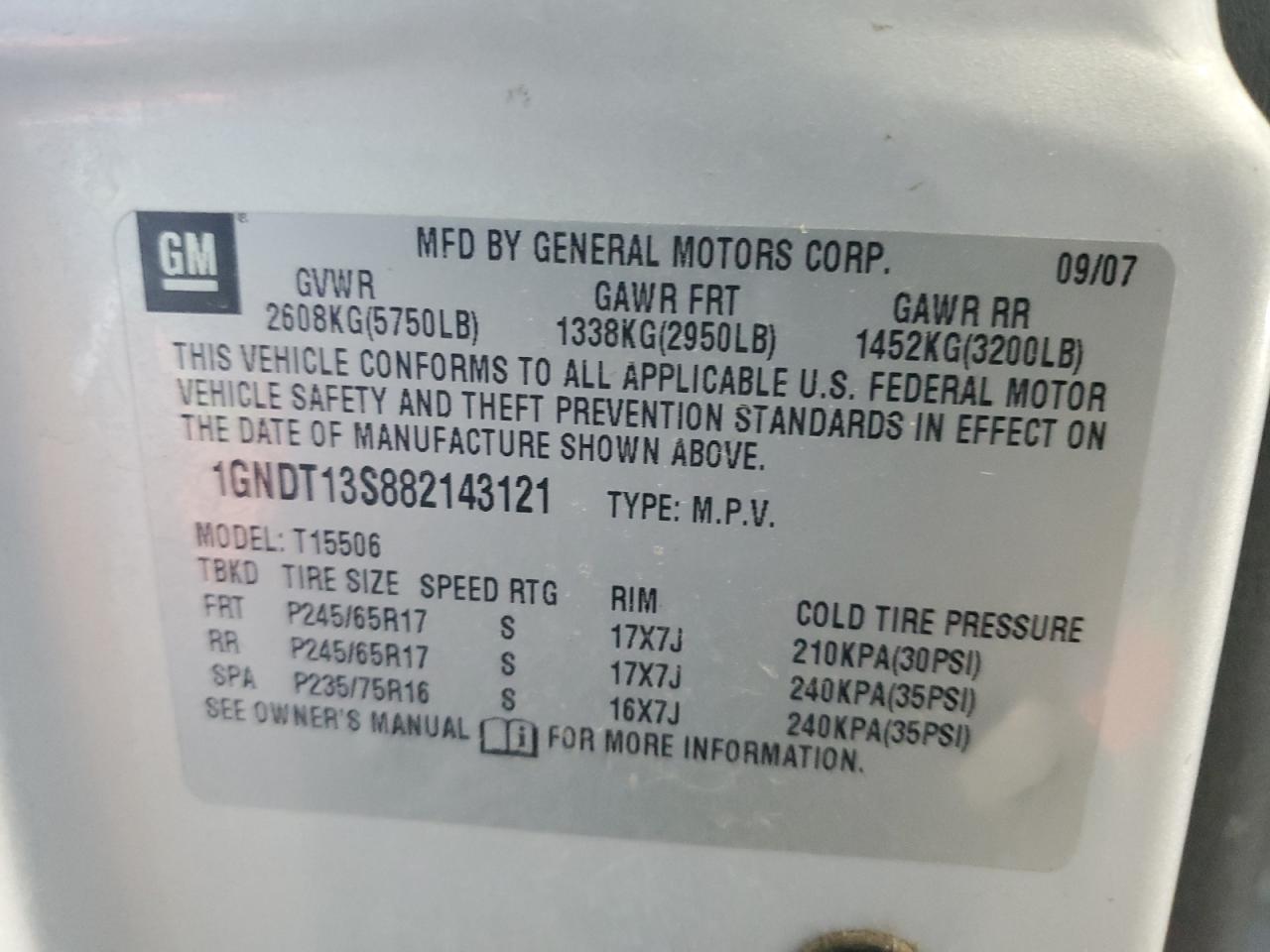 2008 Chevrolet Trailblazer Ls VIN: 1GNDT13S882143121 Lot: 75011144