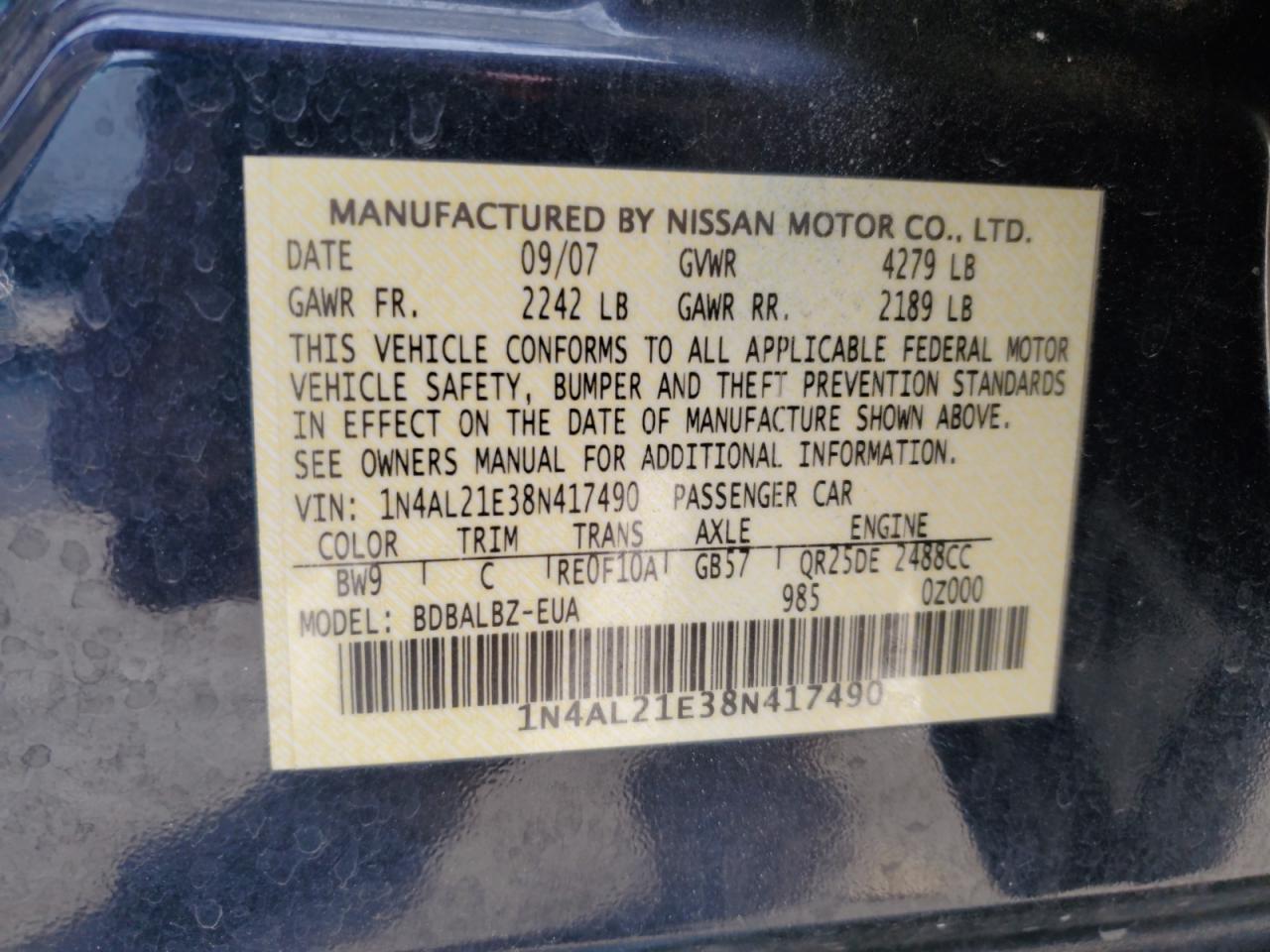 2008 Nissan Altima 2.5 VIN: 1N4AL21E38N417490 Lot: 76138154