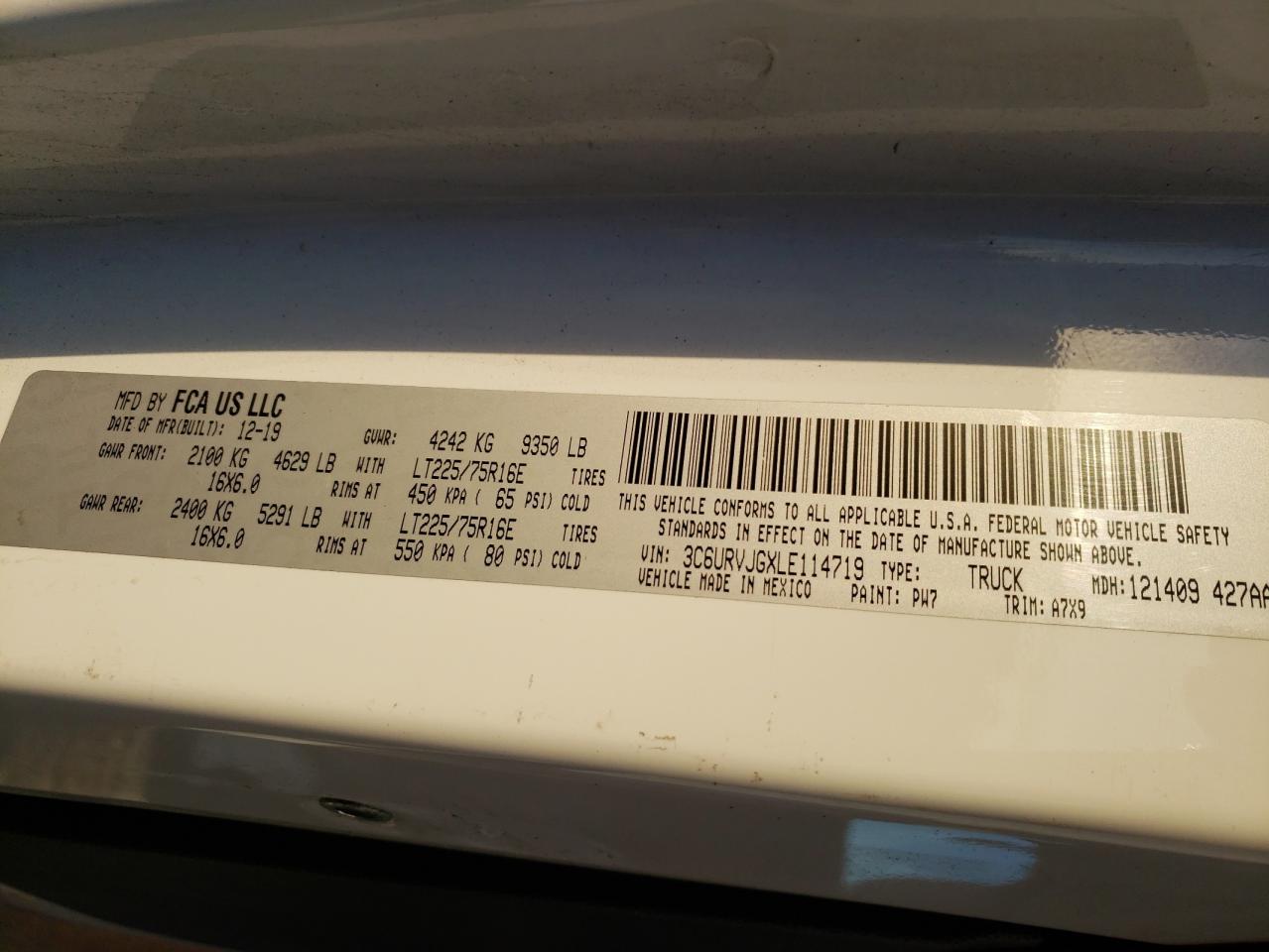 2020 Ram Promaster 3500 3500 High VIN: 3C6URVJGXLE114719 Lot: 71457094