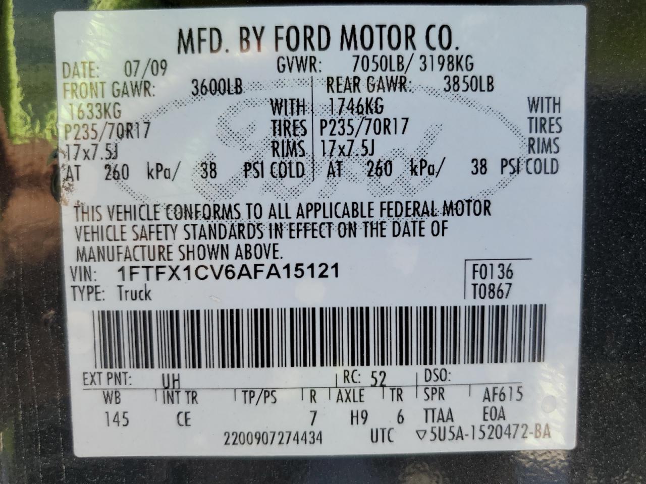 2010 Ford F150 Super Cab VIN: 1FTFX1CV6AFA15121 Lot: 76936014
