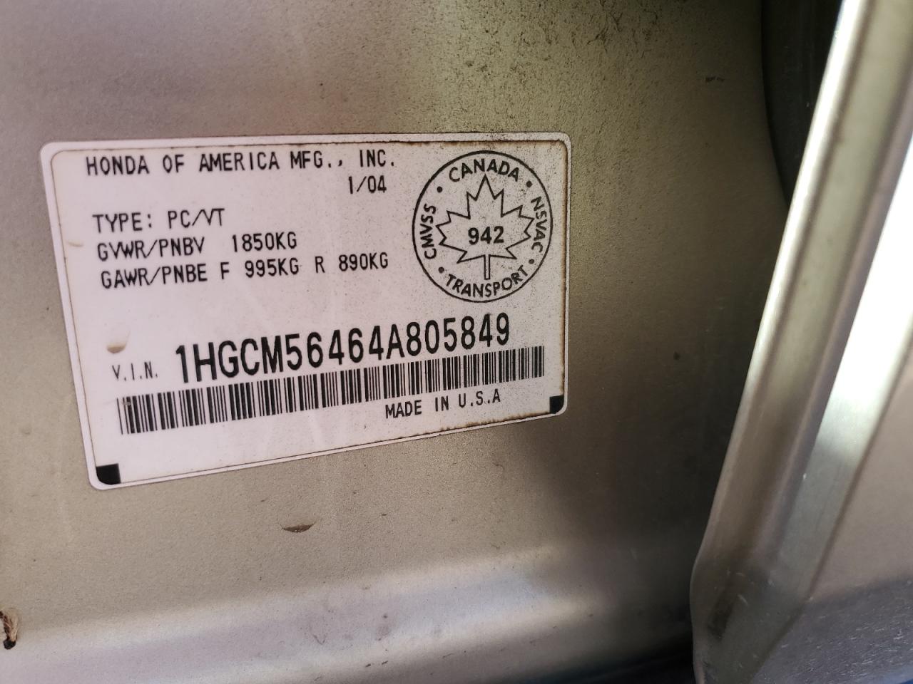 1HGCM56464A805849 2004 Honda Accord Lx