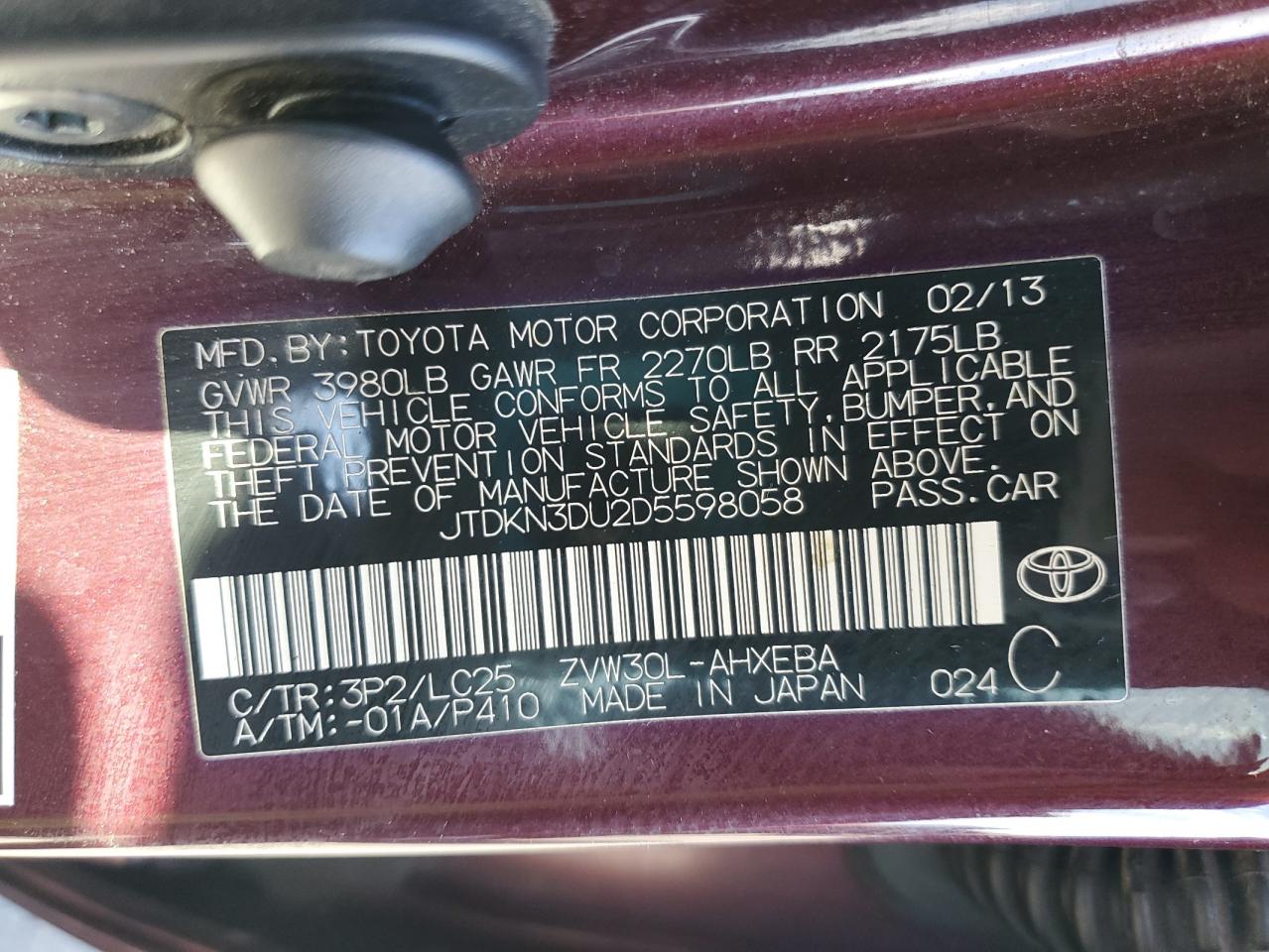 2013 Toyota Prius VIN: JTDKN3DU2D5598058 Lot: 76419964