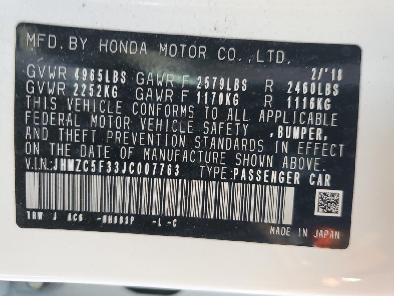 JHMZC5F33JC007763 2018 Honda Clarity Touring