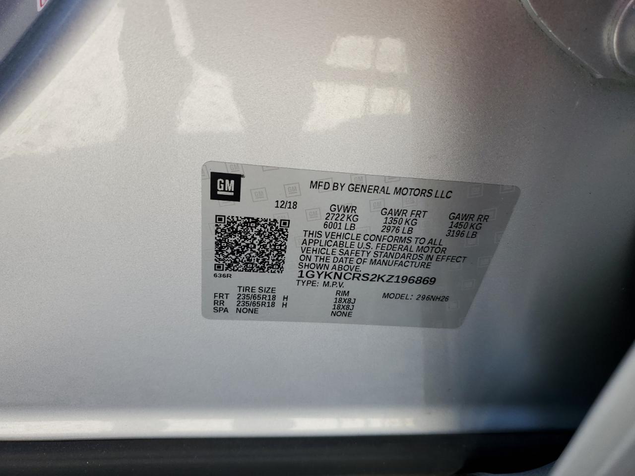 2019 Cadillac Xt5 Luxury VIN: 1GYKNCRS2KZ196869 Lot: 76170364