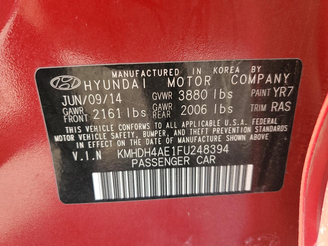 2015 Hyundai Elantra Se VIN: KMHDH4AE1FU248394 Lot: 76070984