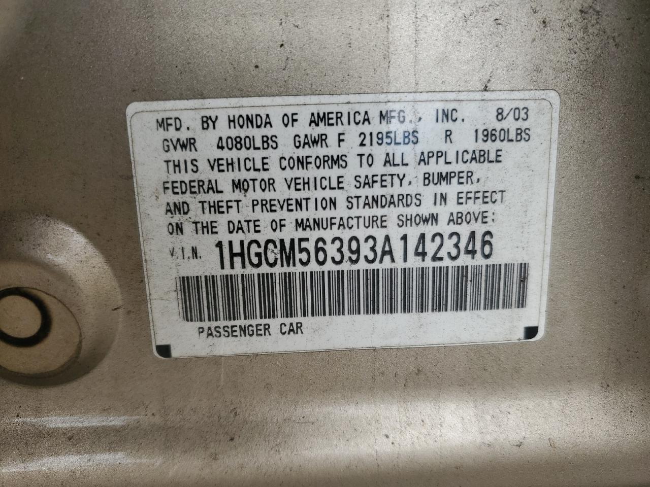 1HGCM56393A142346 2003 Honda Accord Lx