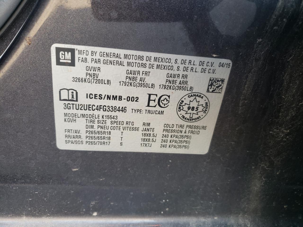 3GTU2UEC4FG338446 2015 GMC Sierra K1500 Sle