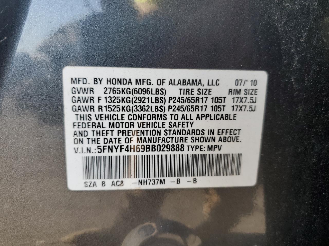 5FNYF4H69BB029888 2011 Honda Pilot Exl