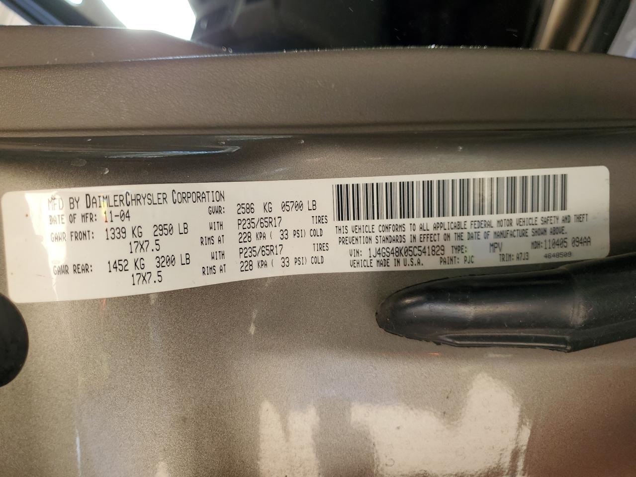 2005 Jeep Grand Cherokee Laredo VIN: 1J4GS48K05C541829 Lot: 76036904