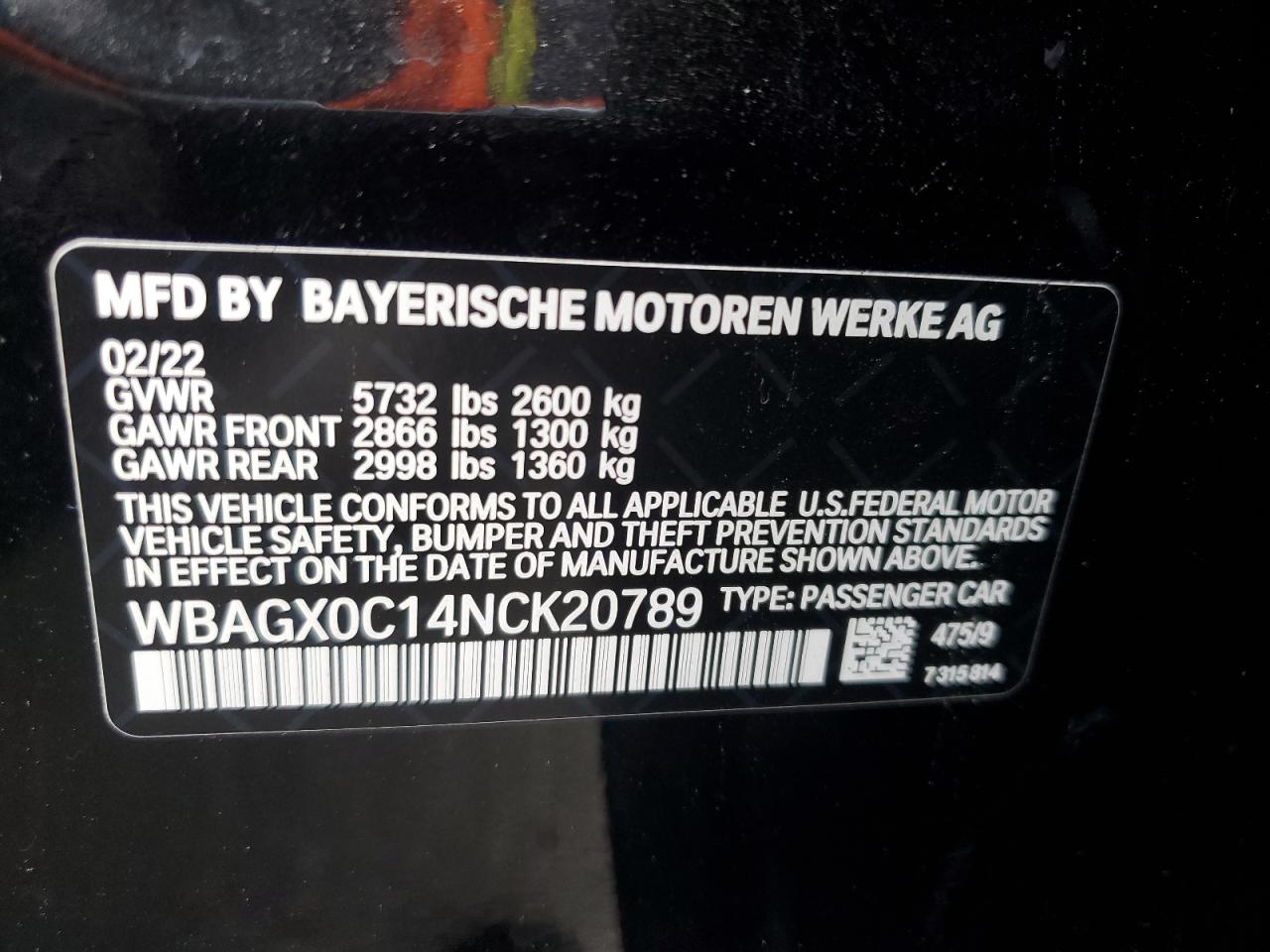 2022 BMW Alpina B8 VIN: WBAGX0C14NCK20789 Lot: 75818154