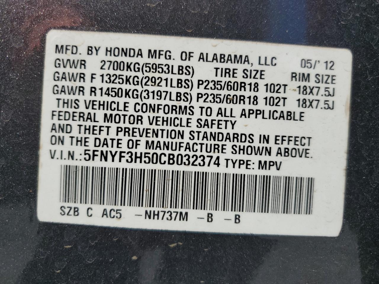 5FNYF3H50CB032374 2012 Honda Pilot Exl