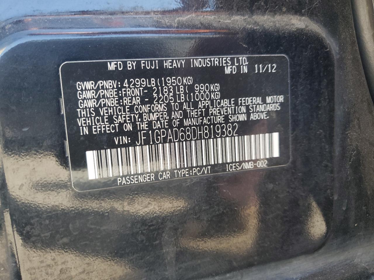 2013 Subaru Impreza Premium VIN: JF1GPAD68DH819382 Lot: 74370034