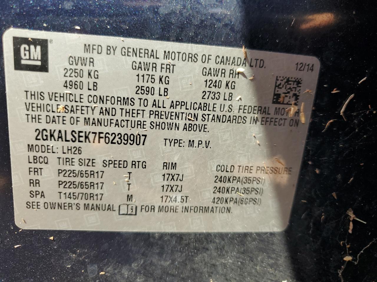 2GKALSEK7F6239907 2015 GMC Terrain Slt