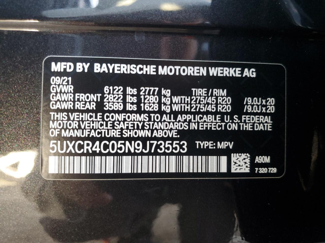 2022 BMW X5 Sdrive 40I VIN: 5UXCR4C05N9J73553 Lot: 77036194