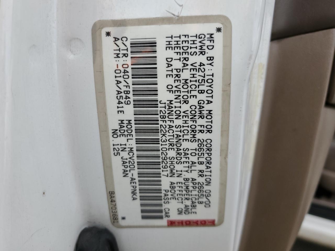 JT2BF22K310292917 2001 Toyota Camry Ce