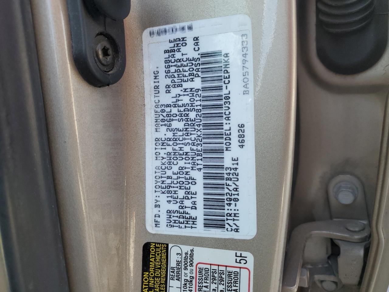 2004 Toyota Camry Le VIN: 4T1BE32KX4U281129 Lot: 78638094