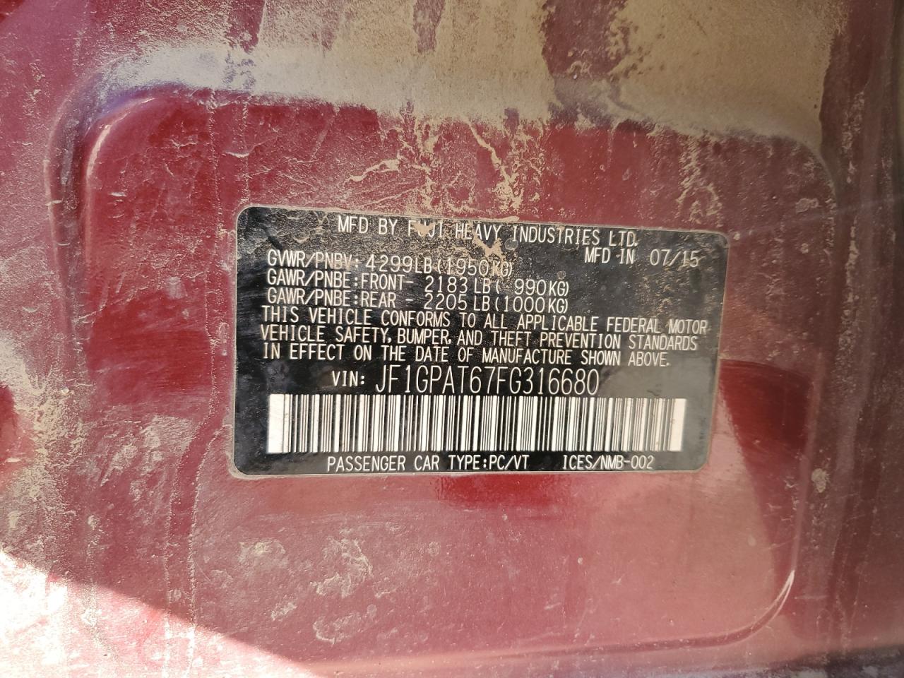 2015 Subaru Impreza Sport VIN: JF1GPAT67FG316680 Lot: 77000104