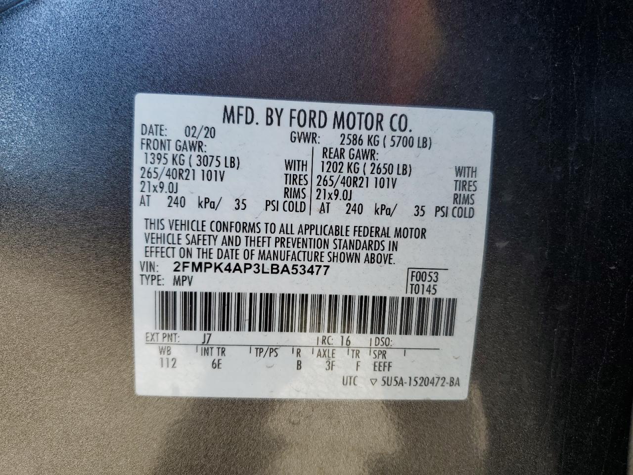 2020 Ford Edge St VIN: 2FMPK4AP3LBA53477 Lot: 75503304