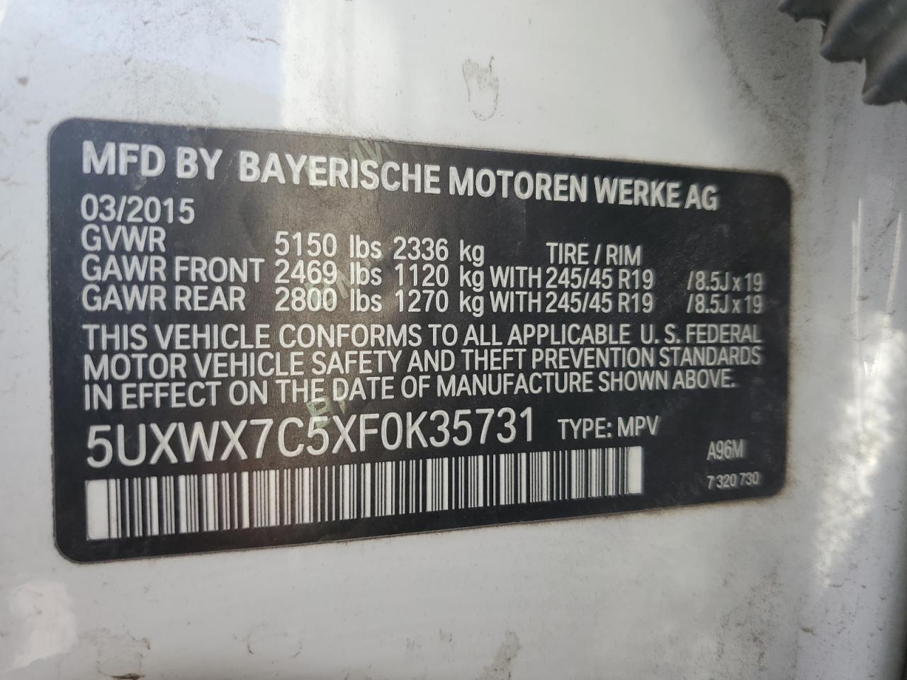 VIN 5UXWX7C5XF0K35731 2015 BMW X3 no.14