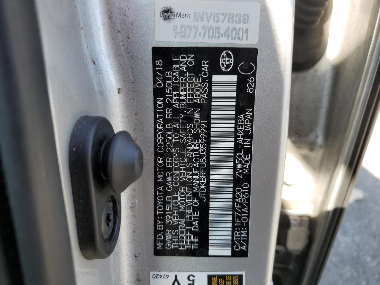 JTDKBRFU8J3599991 2018 Toyota Prius