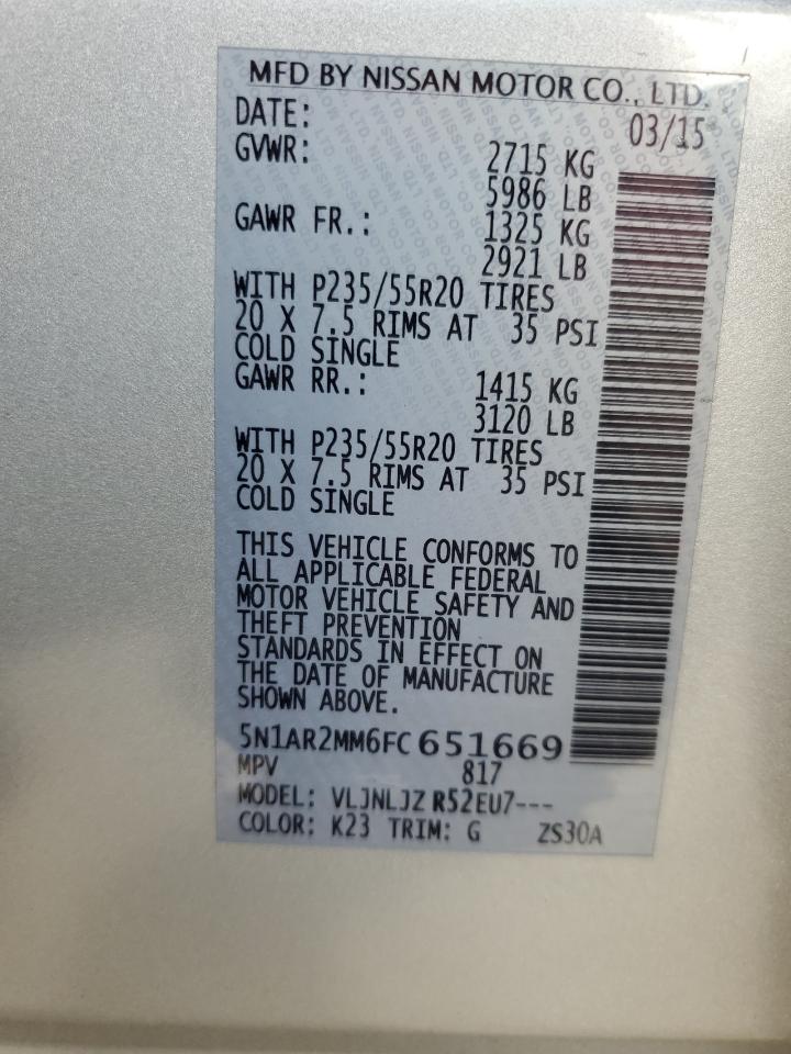 2015 Nissan Pathfinder S VIN: 5N1AR2MM6FC651669 Lot: 74929084